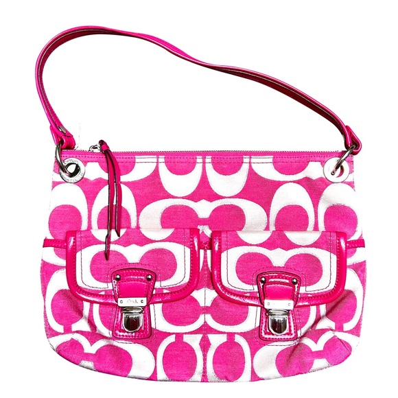 Coach Poppy Metallic Signature Satchel/ 18980 Pink Canvas - Picture 1 of 5
